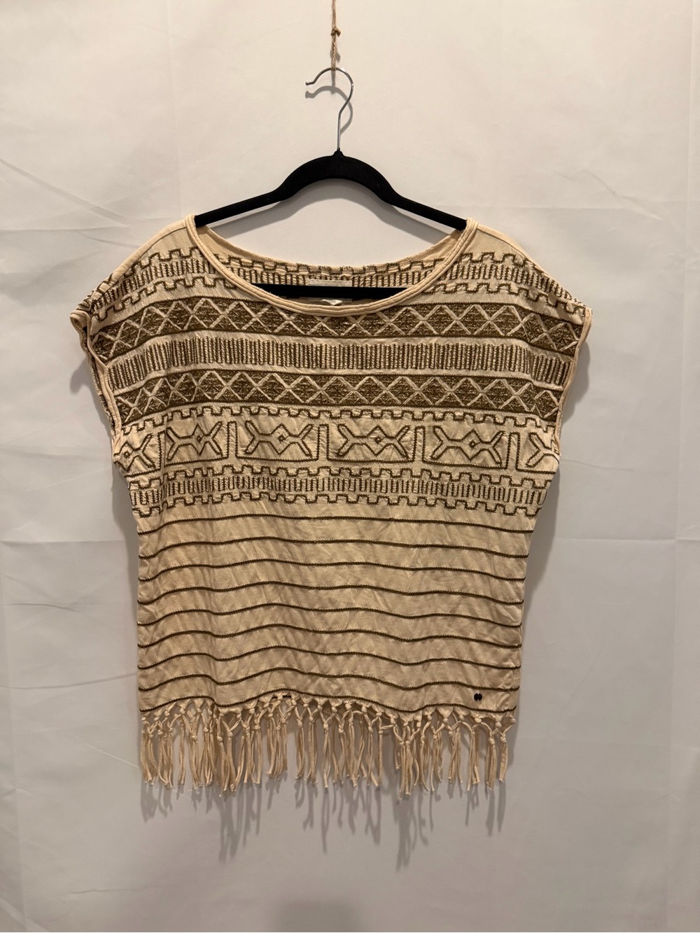 Ralph Lauren Denim & Supply Cream Top with Brown Embroidered Detail and fringe.M